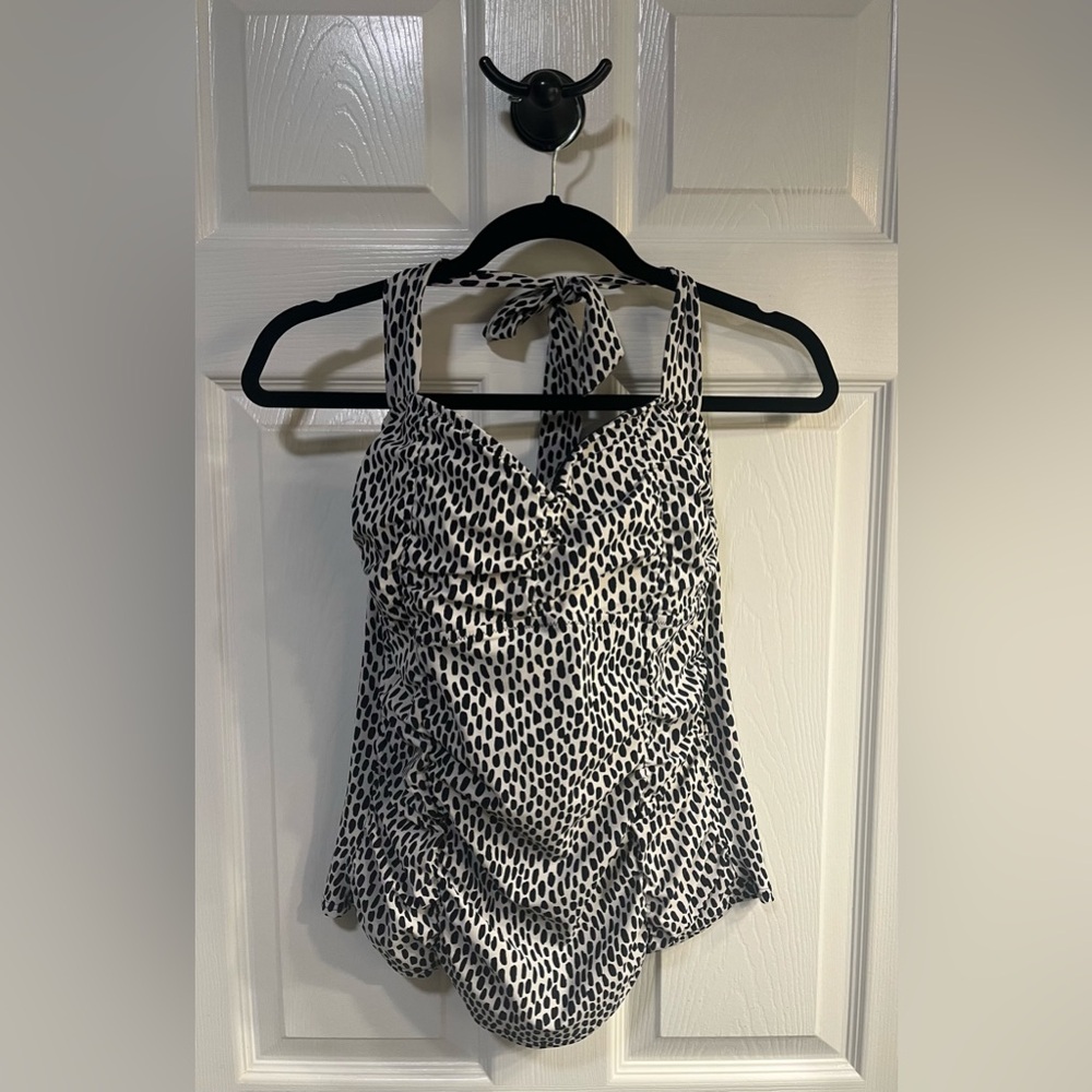 Lands End Halter Swim Top Black and White Polka Dots